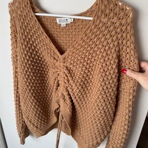 Molly & Bracken Tan V-Neck Pullover Sweater Ruched Front Detail